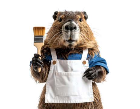 Beaver In Painter Outfit Holding Paint Brush Against Transparent Background