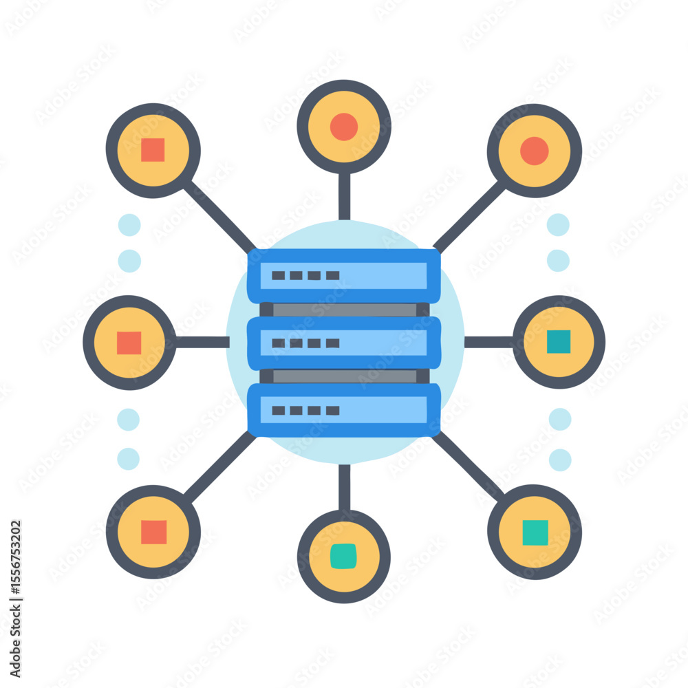 Aufkleber flat vector network diagram featuring a central server design