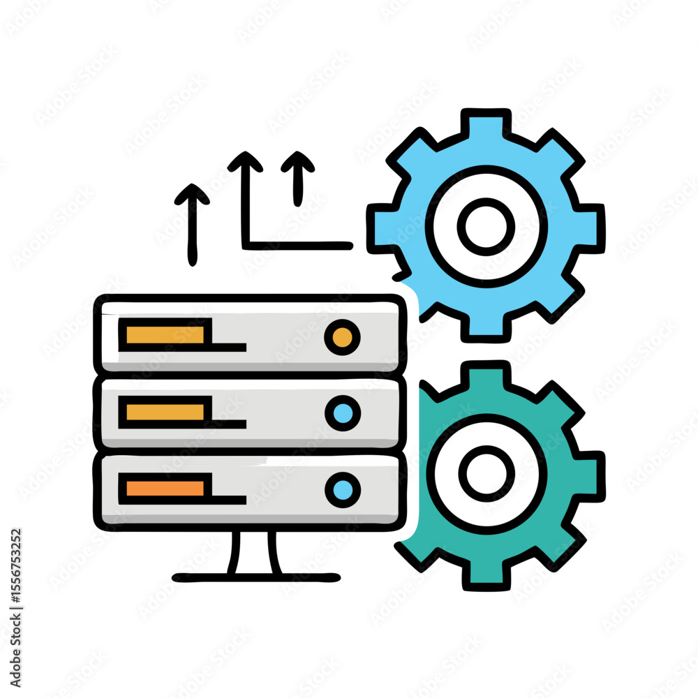 Aufkleber server and gears flat design data processing illustration