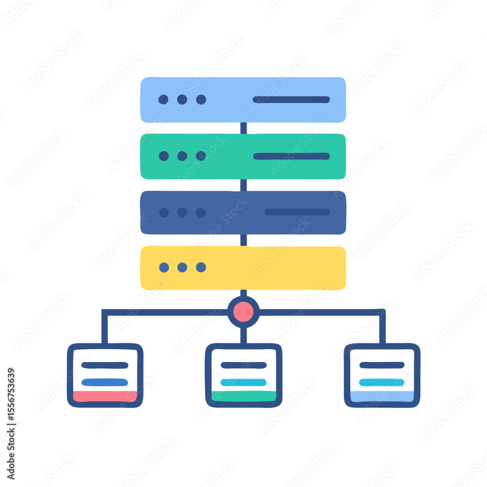 Poster colorful network server diagram illustrating data connections and architecture