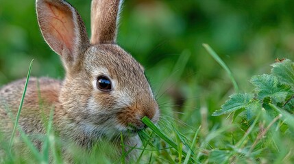 Fototapeta premium Wild Rabbit Eating Grass in a Field
