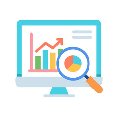 Computer monitor displaying data analysis with a magnifying glass overlay