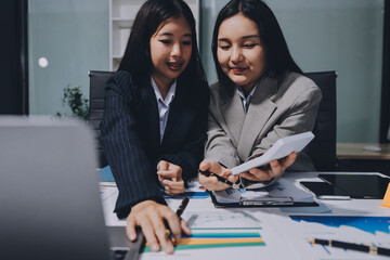 Accounting company provide finance and taxation planning for profitable cash flow, Auditor and accountant team working in office, analyze financial data and accounting record with calculator.Insight