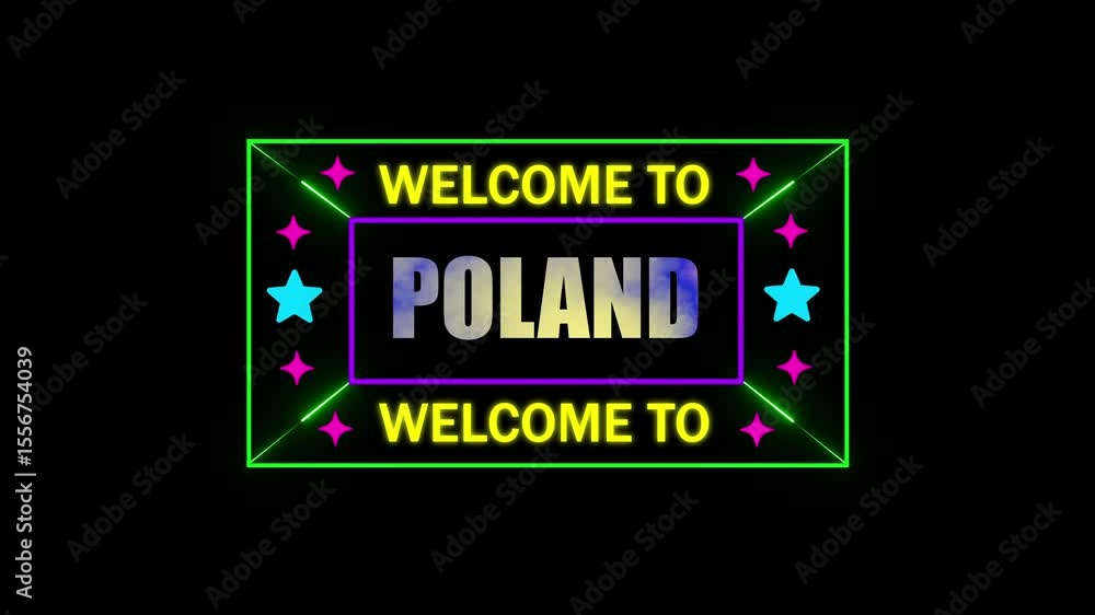 Poster welcome to poland animation.hit effect on a black screen transparent background alpha channel.