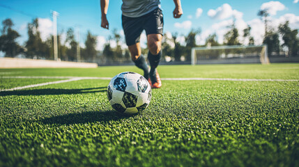 A soccer player practicing on a training field, wearing workout gear and focusing on technique