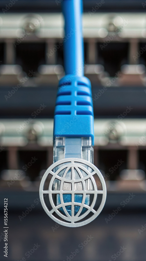 Poster network cable with globe symbol represents globalization impact on connectivity and communication in