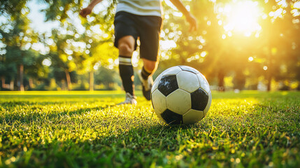 A soccer player juggling the ball in a park to improve their control and footwork