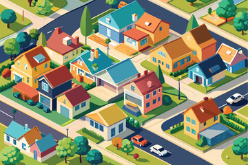 Seamless pattern of isometric city houses, a vector illustration for urban residential design