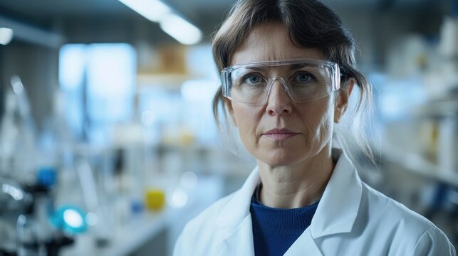A senior European female scientist stands confidently in a laboratory, wearing protective glasses and a lab coat, embodying professionalism and dedication to research.