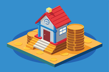 A small residential house illustration with coins, money, and beach elements, perfect for real estate business or property sale icons