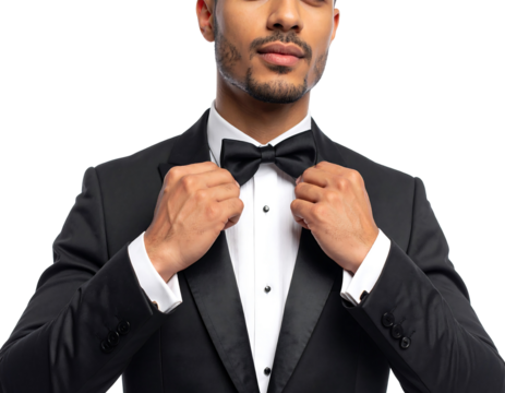Elegant Man In Black Tuxedo Adjusting Bow Tie Isolated On Transparent Background