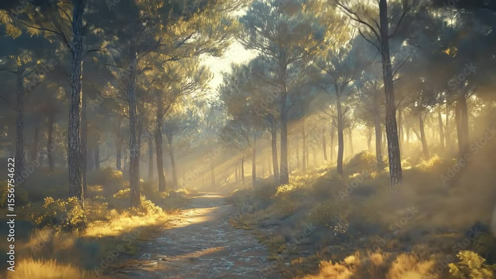 Poster forest path with sunbeams tall trees and dense undergrowth creating a serene illuminated natural sce