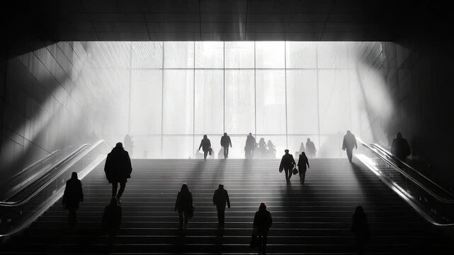Silhouetted figures ascend stairs towards a bright exit in a hazy, underground passage