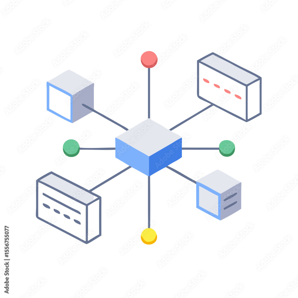 Poster isometric network connecting cubes and circles on white background