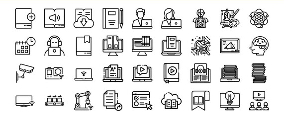 Black and White Line Art Icon Set Education Technology Books Learning
