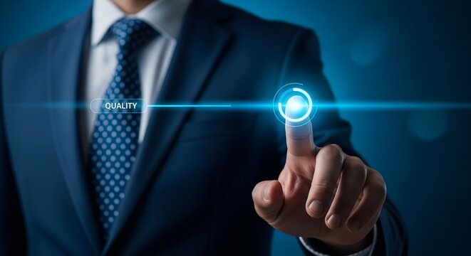 Businessman hand touching glowing quality button on blue background finger pressing - Powered by Adobe