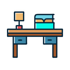 Minimalist cartoon desk setup with books and lamp