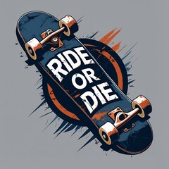 Skateboard with "Ride or Die" text, against a circular background with brush stroke effects.