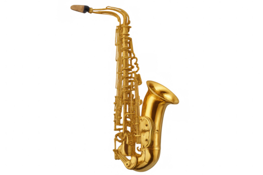 Golden saxophone isolated on transparent background, ready for music production or jazz band performance