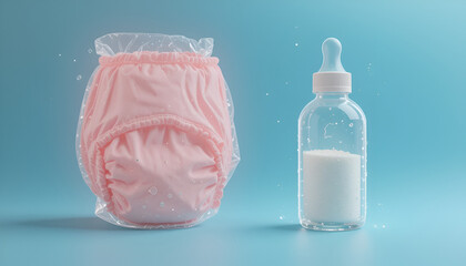 A charming baby scene features a pink diaper with a clear plastic cover and a glass baby bottle filled with milk on a light blue backdrop.