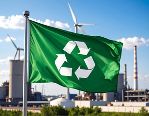 Green recycling flag waving over industrial site