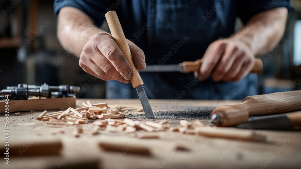 Poster hands of craftsman working with wood chisel and shavings on table