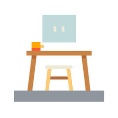 Minimalist desk illustration with computer, chair and coffee cup