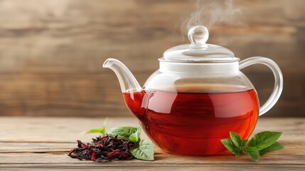 A clear glass teapot filled with steaming herbal tea sits on a wooden table with fresh mint and dried hibiscus beside it.
