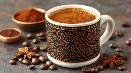 A richly decorated mug of coffee sits surrounded by coffee beans, ground coffee, and star anise on a textured surface.