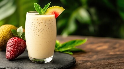 A creamy smoothie garnished with mint and fruit sits on a slate with fresh strawberries and tropical fruits beside it.