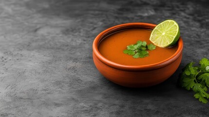 A bowl of brown soup garnished with cilantro and a lime wedge sits on a dark textured surface.