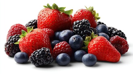 Obraz premium Ultra-realistic photo of mixed berries (including strawberries, blueberries, and blackberries) on a white background. Displays the natural color and texture of each fruit.