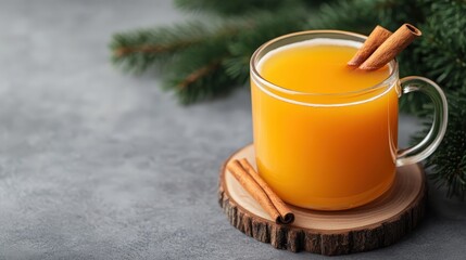 A glass mug of orange spiced drink with cinnamon sticks, placed on a wooden coaster, beside evergreen branches.