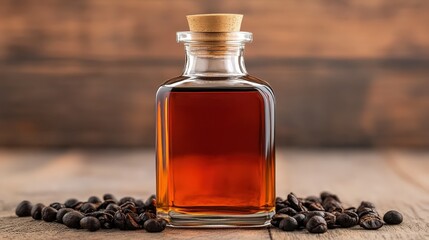 A clear glass bottle with a cork lid filled with dark brown liquid, surrounded by scattered coffee beans on a wooden surface.