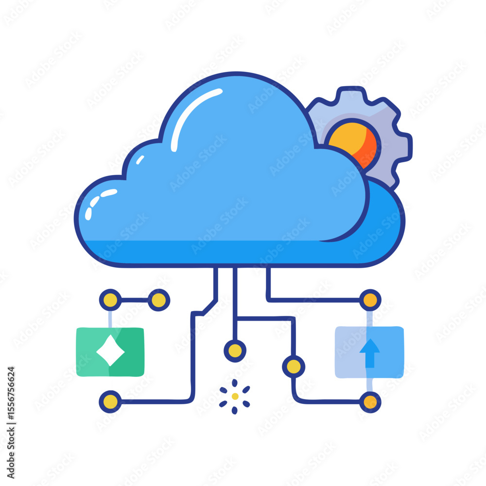 Poster stylized cloud computing data network with gear on white