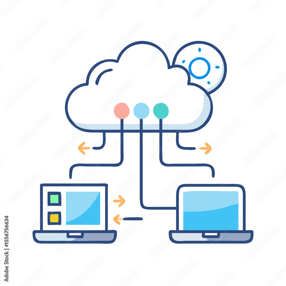 Poster connected network with cloud server and computers data flow