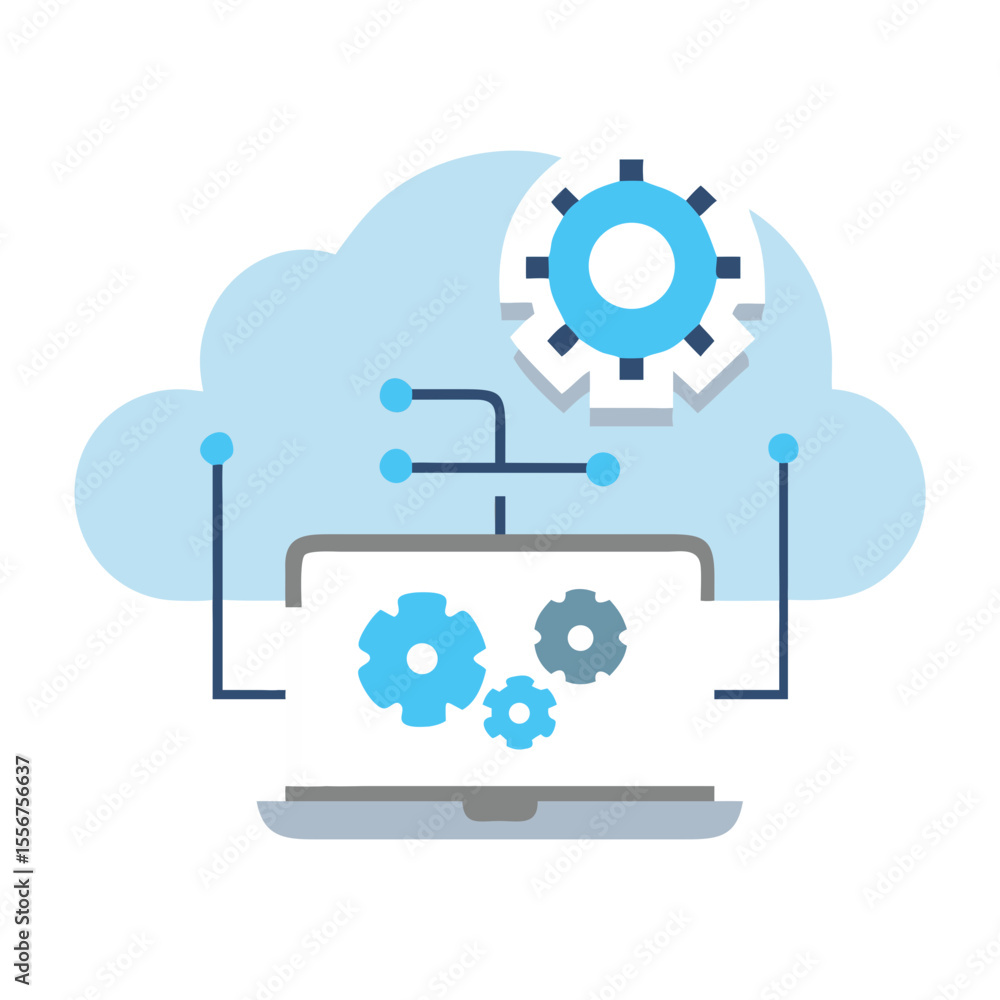 Poster cloud computing connection with laptop and gear icons system