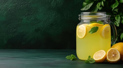 A glass jar of fresh lemonade with lemon slices and mint sits on a green surface, surrounded by whole and sliced lemons and mint leaves.