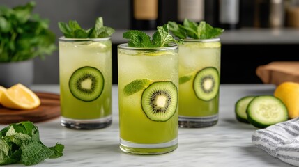 Refreshing green drinks with kiwi, mint, and ice served in clear glasses, surrounded by fresh ingredients on a kitchen counter.