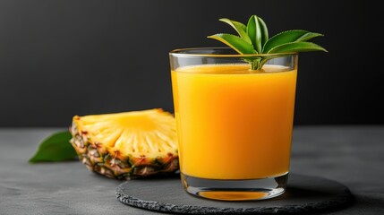 A glass of fresh pineapple juice garnished with leaves, with a pineapple slice beside it on a dark background.