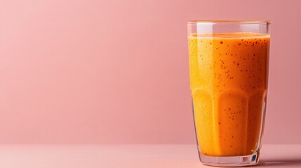 A glass of vibrant orange smoothie sits on a pink surface with a matching pink background.