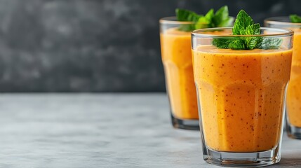 Three glasses of orange smoothie garnished with mint leaves sit on a gray surface with a dark background.