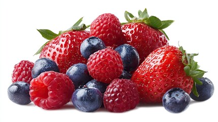Obraz premium Ultra-realistic photo of mixed berries (including strawberries, blueberries, and blackberries) on a white background. Displays the natural color and texture of each fruit.