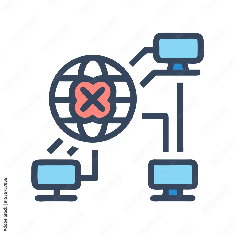Poster network connection failure with red cross over globe symbol