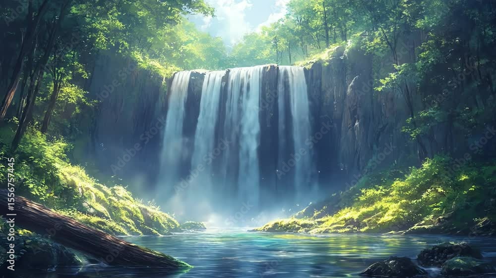 Poster lush forest surrounds a wide waterfall cascading into a pool rocks and a log in the foreground