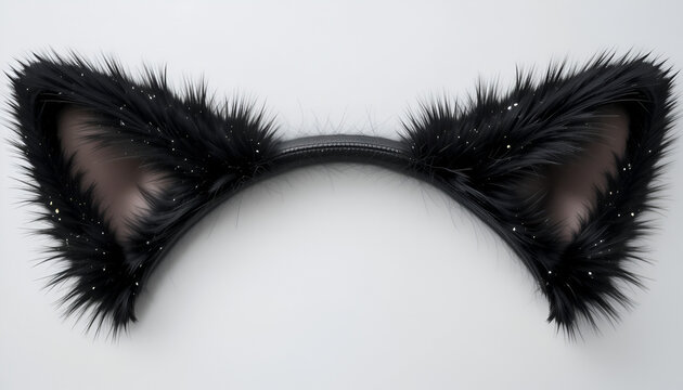 Fluffy black cat ears with sparkly accents sit playfully on a clean white backdrop, perfect for costumes or cute accessories.