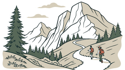 Illustration of hikers on a winding trail through a mountain landscape with trees and clouds above them