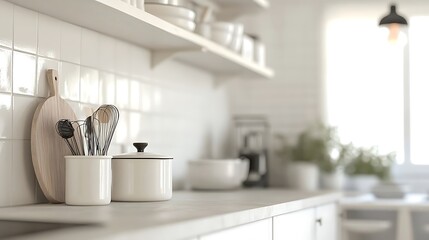 Obraz premium Modern kitchen utensils with shelf, and detail.