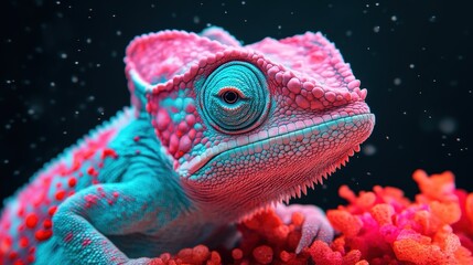 A colorful chameleon with vibrant pink and blue scales rests on bright coral, standing out against a dark, blurred background.