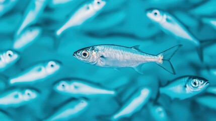 A single fish swims in focus among a blurred school of fish in blue water.